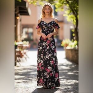 Honey and Rosie Black Maxi Dress with Pink Floral Design